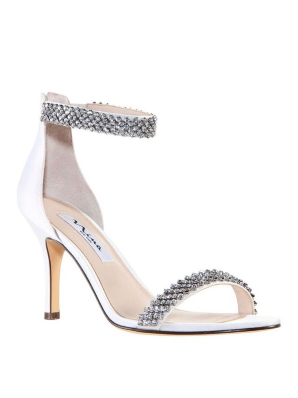 Nina White Satin Heels with Crystal Ankle & Toe Straps